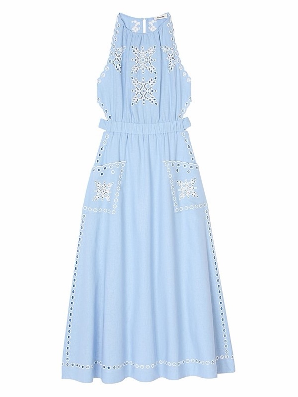 Sandro Broderie Anglaise Maxi Dress Eyelet Embroidery Pockets Tie Waist Cotton